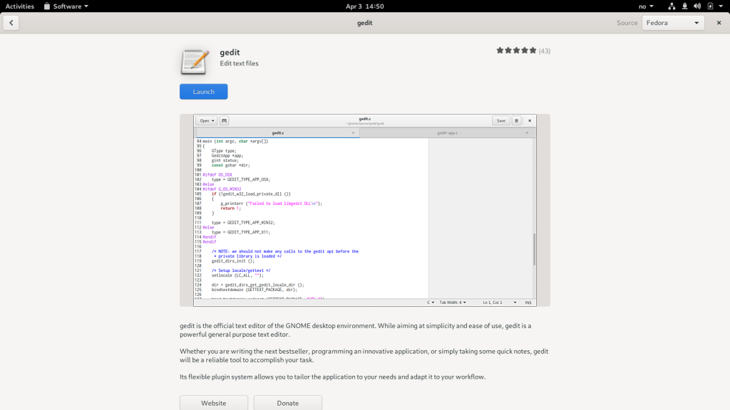 Gedit in GNOME Software with Source drop down box